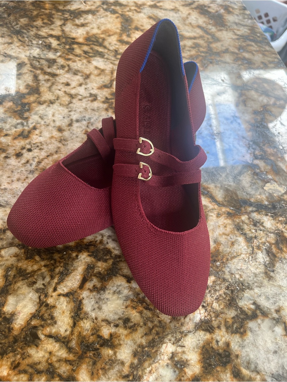 Burgundy Double-Strap Knit Mary Jane Flats